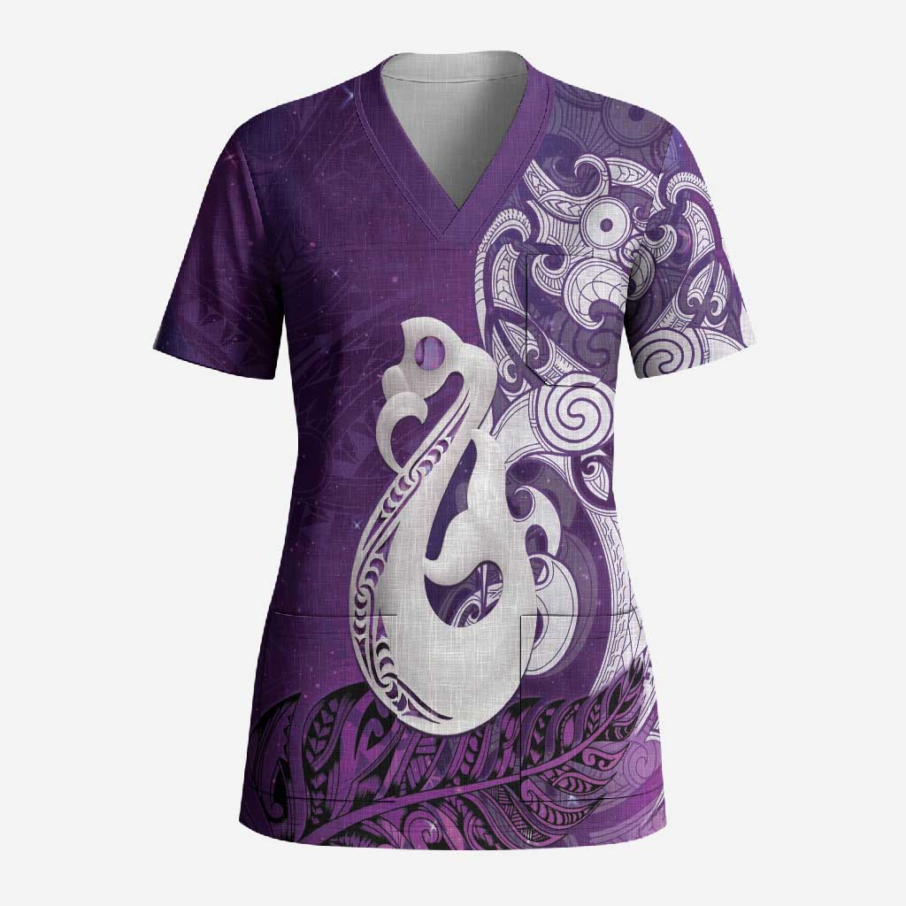 New Zealand Matariki Scrub Top Maori Manaia Galaxy Silver Fern Purple Color LT22 Adult Purple - Polynesian Pride
