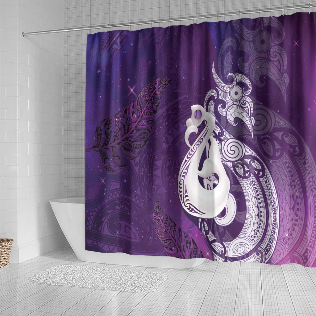 New Zealand Matariki Shower Curtain Maori Manaia Galaxy Silver Fern Purple Color LT22 - Polynesian Pride
