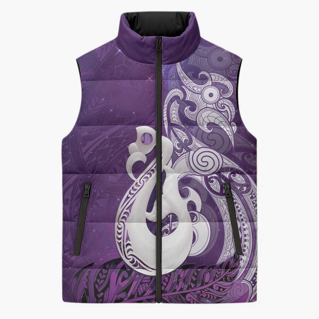 New Zealand Matariki Sleeveless Puffer Jacket Maori Manaia Galaxy Silver Fern Purple Color LT22 Unisex Purple - Polynesian Pride