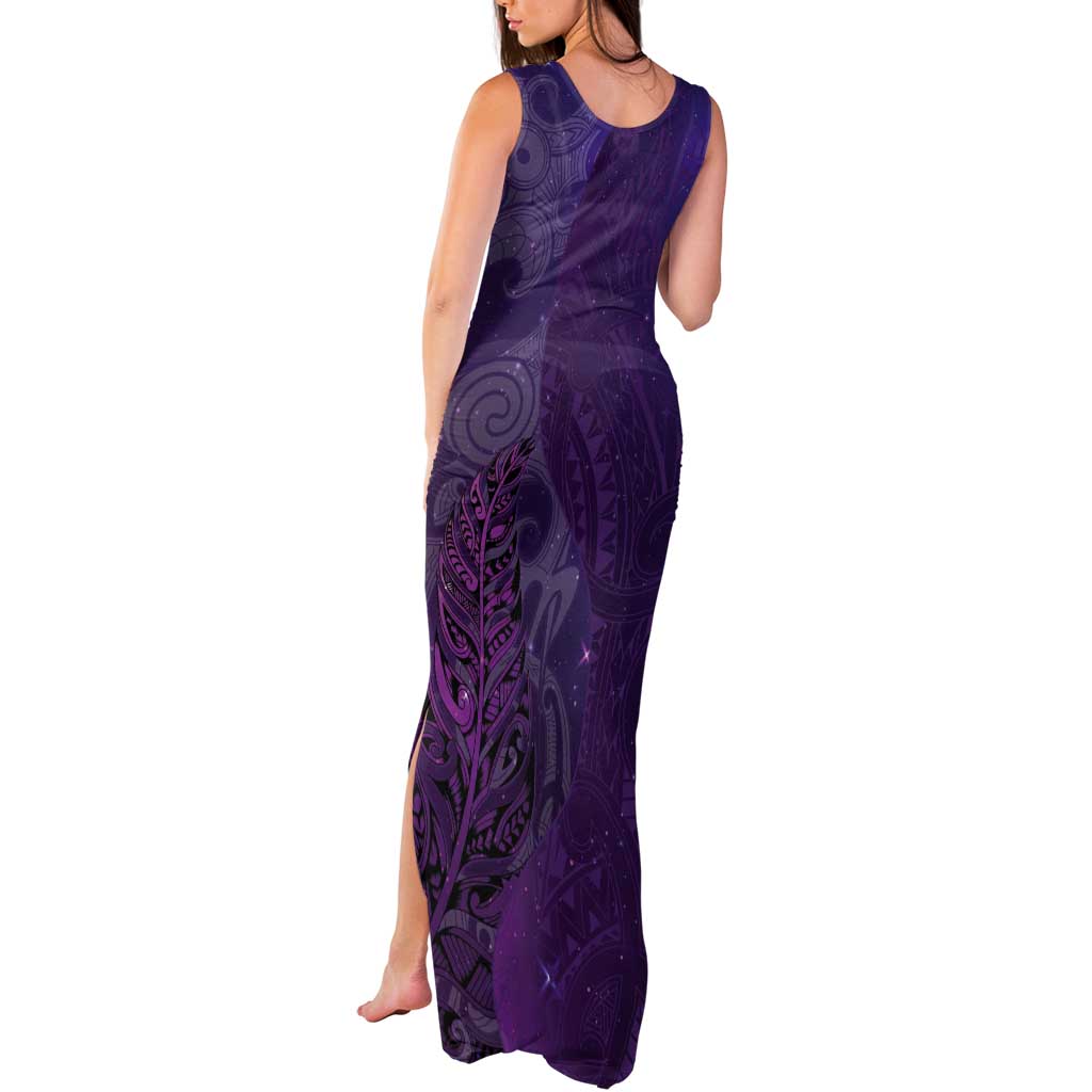 New Zealand Matariki Tank Maxi Dress Maori Manaia Galaxy Silver Fern Purple Color