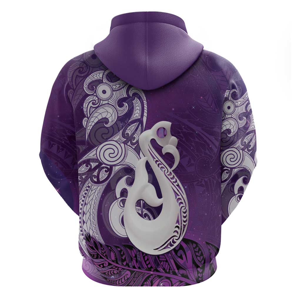 New Zealand Matariki Zip Hoodie Maori Manaia Galaxy Silver Fern Purple Color