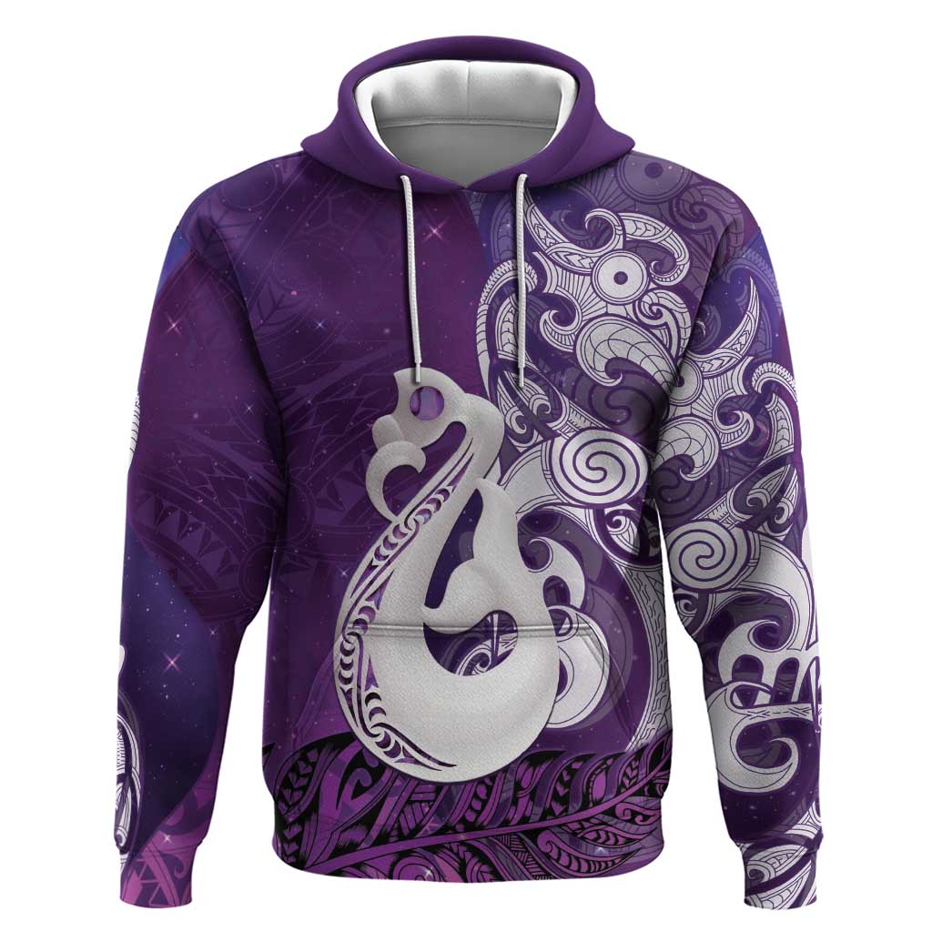 New Zealand Matariki Zip Hoodie Maori Manaia Galaxy Silver Fern Purple Color