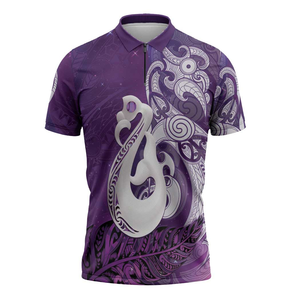 New Zealand Matariki Zipper Polo Shirt Maori Manaia Galaxy Silver Fern Purple Color LT22 Purple - Polynesian Pride