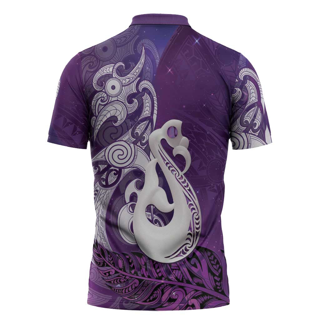 New Zealand Matariki Zipper Polo Shirt Maori Manaia Galaxy Silver Fern Purple Color LT22 - Polynesian Pride