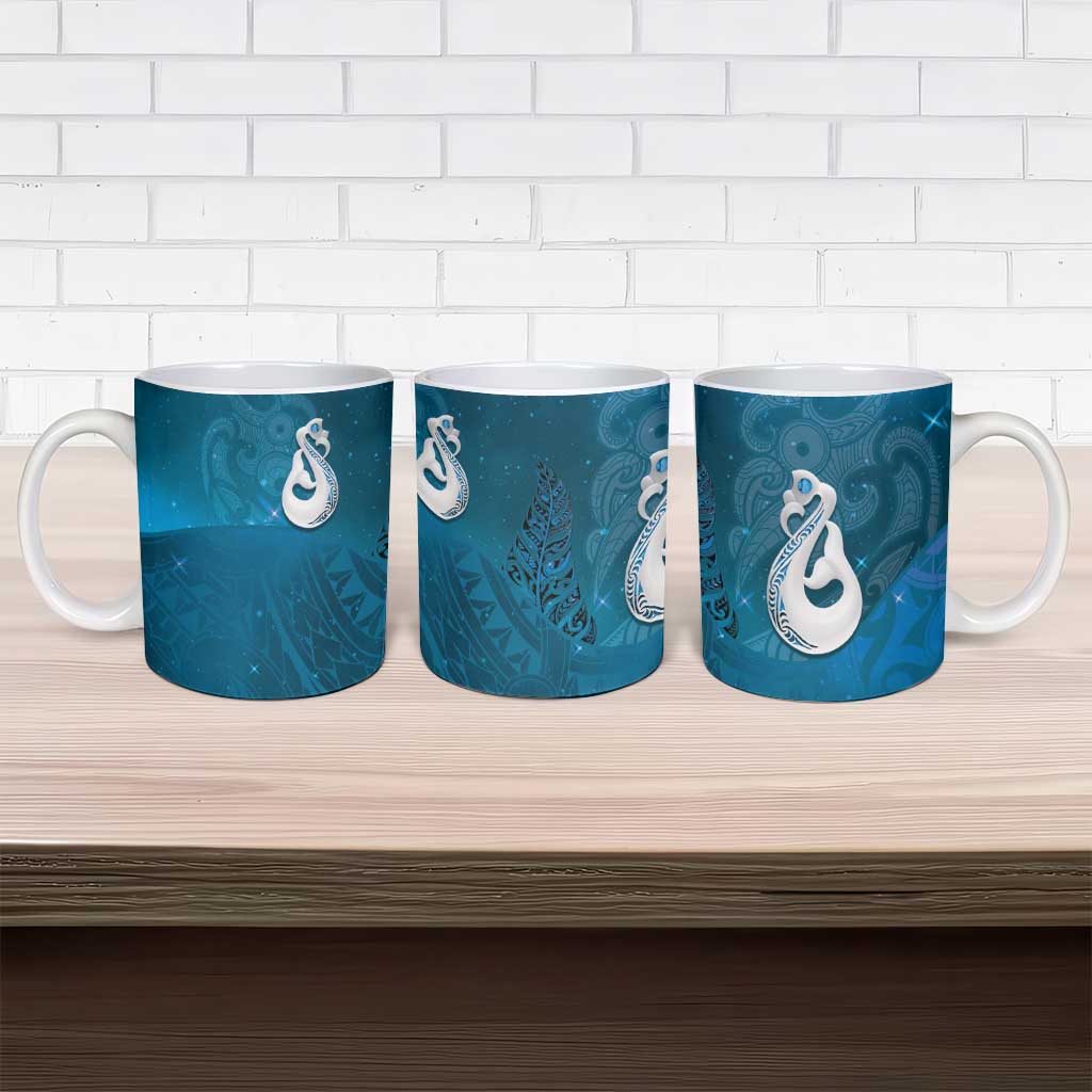 New Zealand Matariki Ceramic Mug Maori Manaia Galaxy Silver Fern Blue Color