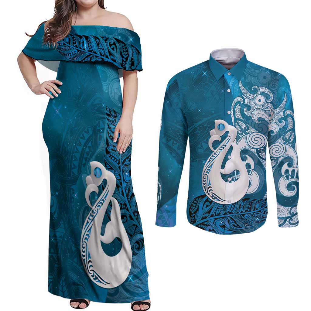 New Zealand Matariki Couples Matching Off Shoulder Maxi Dress and Long Sleeve Button Shirt Maori Manaia Galaxy Silver Fern Blue Color