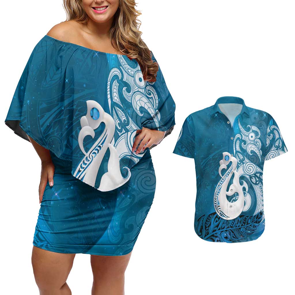 New Zealand Matariki Couples Matching Off Shoulder Short Dress and Hawaiian Shirt Maori Manaia Galaxy Silver Fern Blue Color LT22 Blue - Polynesian Pride