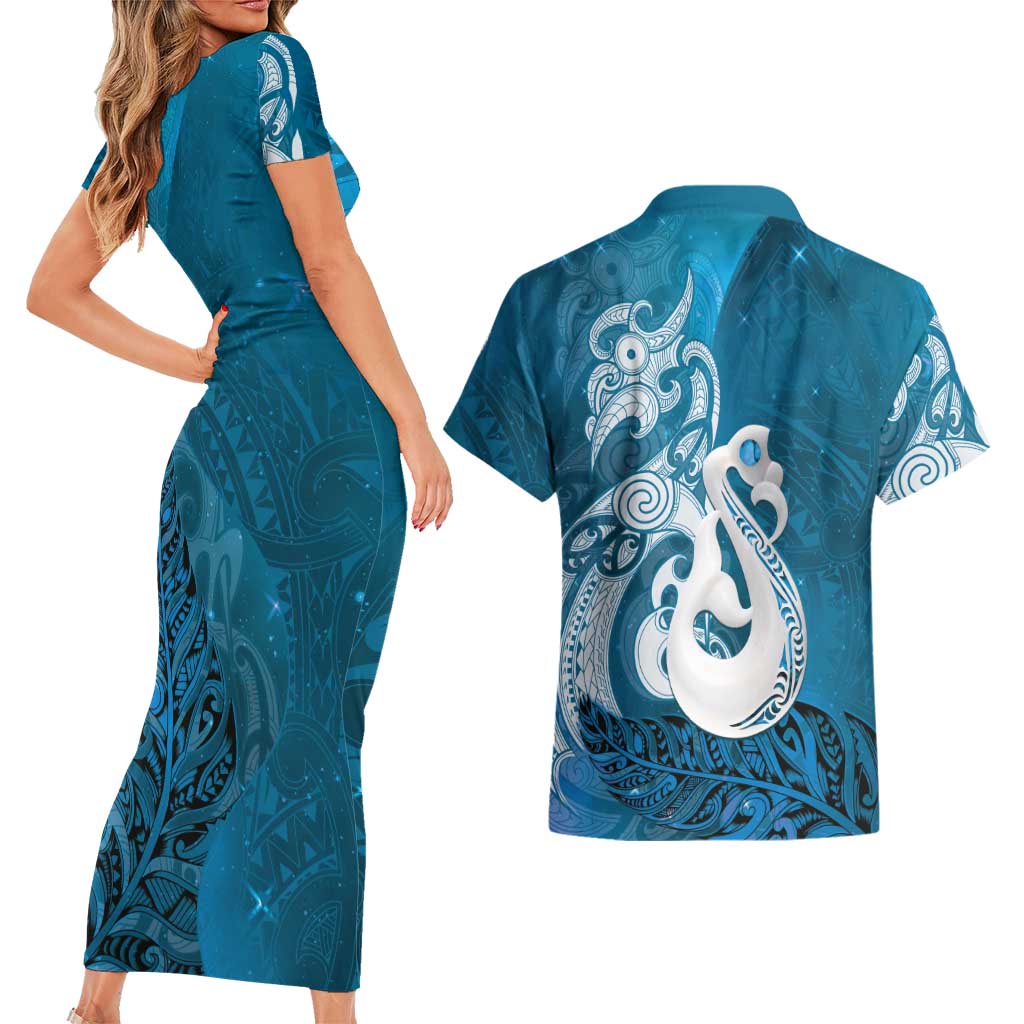 New Zealand Matariki Couples Matching Short Sleeve Bodycon Dress and Hawaiian Shirt Maori Manaia Galaxy Silver Fern Blue Color LT22 - Polynesian Pride