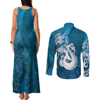 New Zealand Matariki Couples Matching Tank Maxi Dress and Long Sleeve Button Shirt Maori Manaia Galaxy Silver Fern Blue Color LT22 - Polynesian Pride