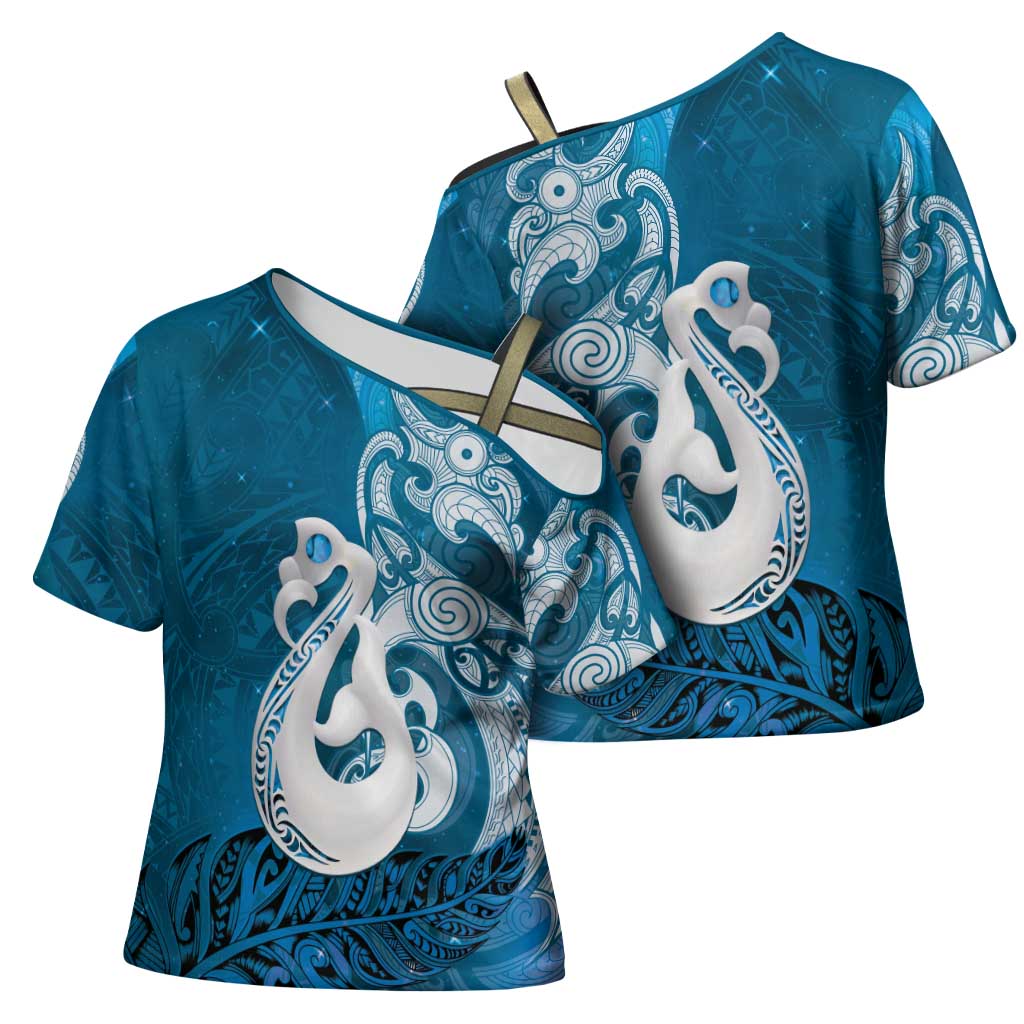 New Zealand Matariki Cross Shoulder Shirt Maori Manaia Galaxy Silver Fern Blue Color LT22 - Polynesian Pride