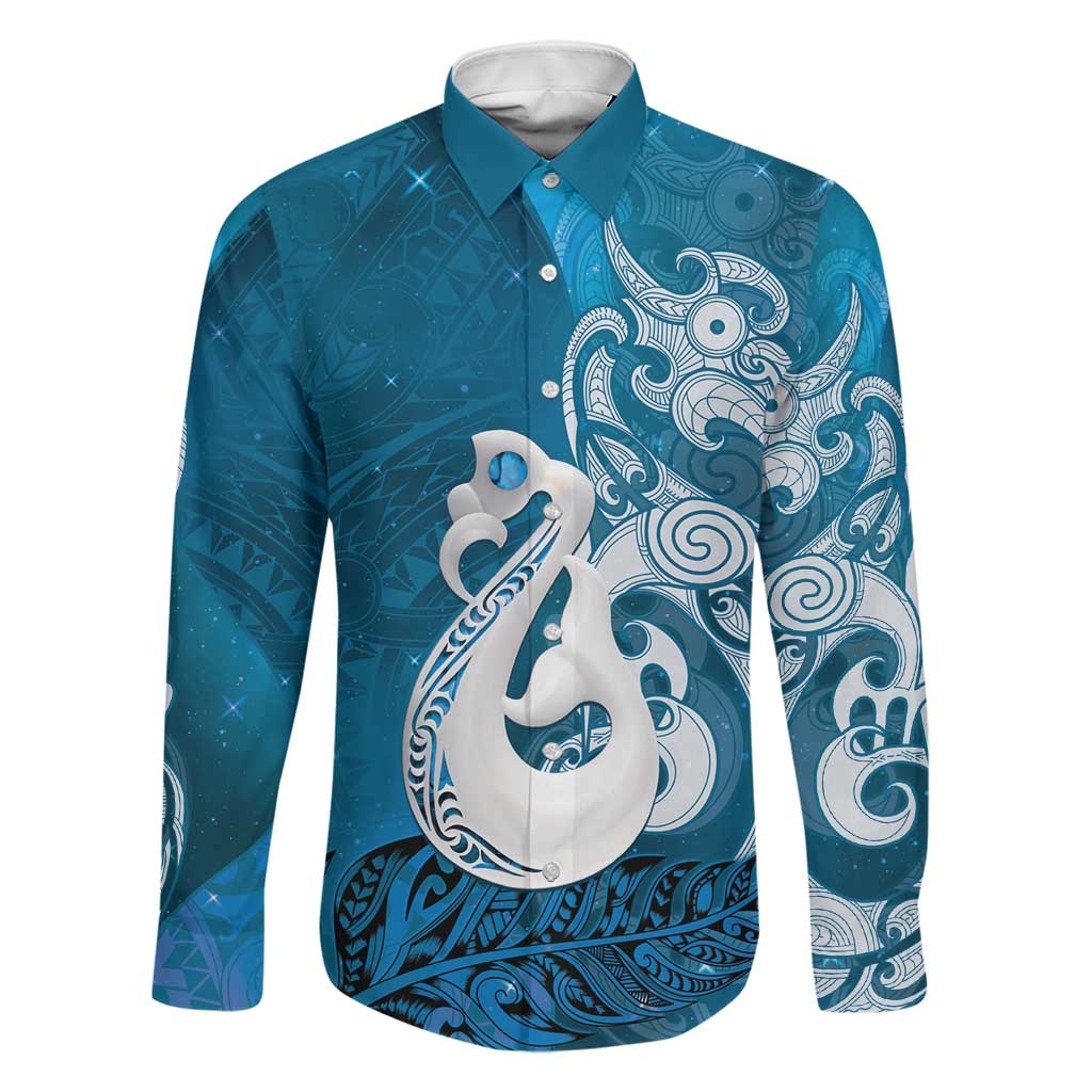New Zealand Matariki Family Matching Mermaid Dress and Hawaiian Shirt Maori Manaia Galaxy Silver Fern Blue Color LT22 Dad's Shirt - Long Sleeve Blue - Polynesian Pride