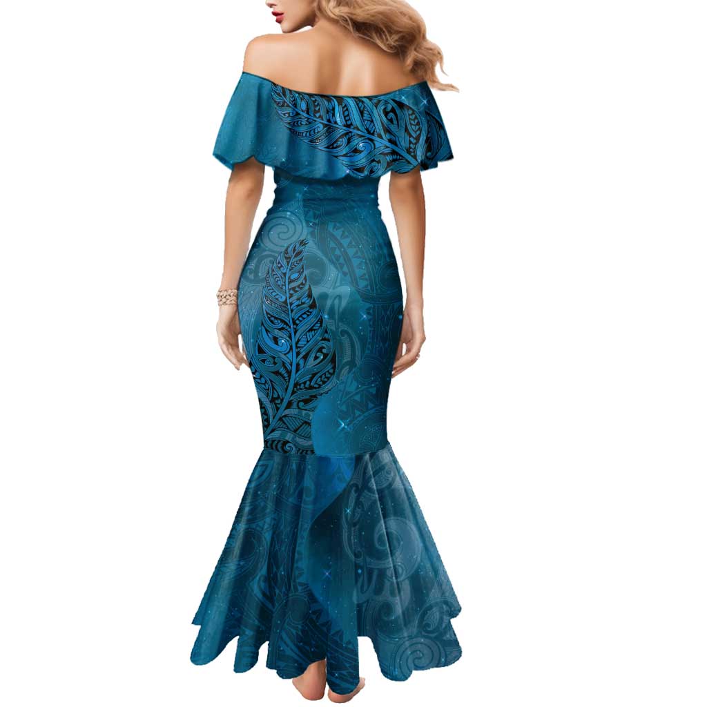 New Zealand Matariki Family Matching Mermaid Dress and Hawaiian Shirt Maori Manaia Galaxy Silver Fern Blue Color LT22 - Polynesian Pride