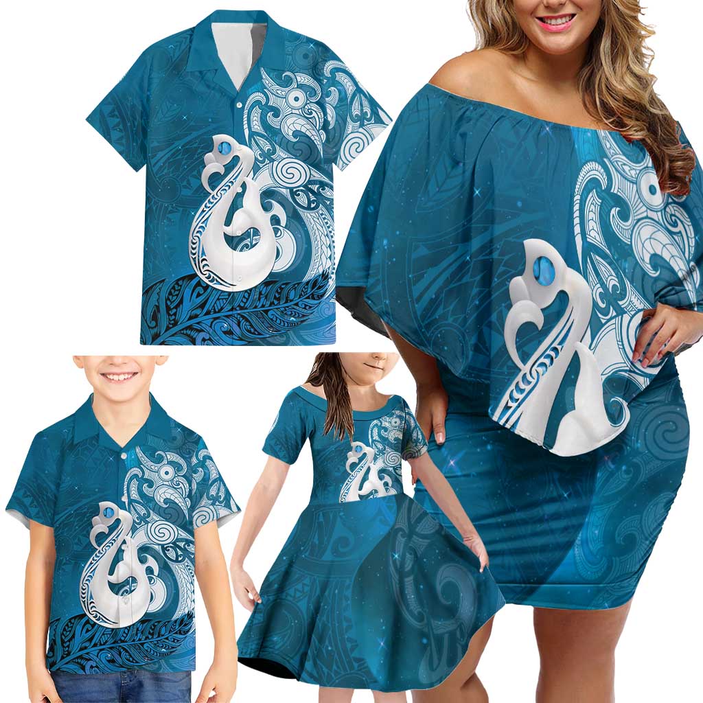 New Zealand Matariki Family Matching Off Shoulder Short Dress and Hawaiian Shirt Maori Manaia Galaxy Silver Fern Blue Color