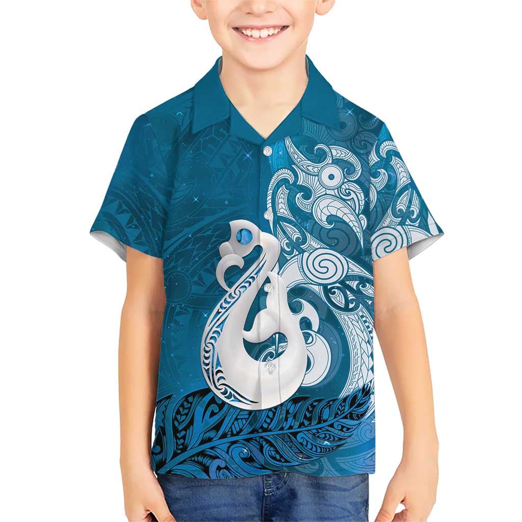New Zealand Matariki Family Matching Off Shoulder Short Dress and Hawaiian Shirt Maori Manaia Galaxy Silver Fern Blue Color LT22 Son's Shirt Blue - Polynesian Pride