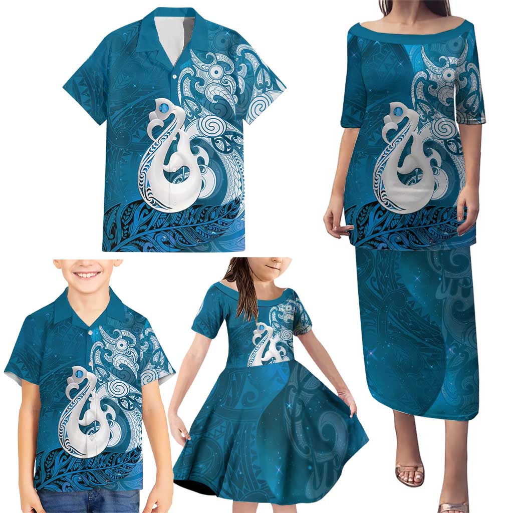 New Zealand Matariki Family Matching Puletasi and Hawaiian Shirt Maori Manaia Galaxy Silver Fern Blue Color LT22 - Polynesian Pride