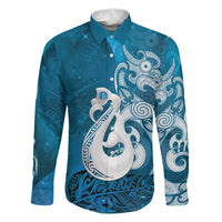 New Zealand Matariki Family Matching Puletasi and Hawaiian Shirt Maori Manaia Galaxy Silver Fern Blue Color LT22 Dad's Shirt - Long Sleeve Blue - Polynesian Pride