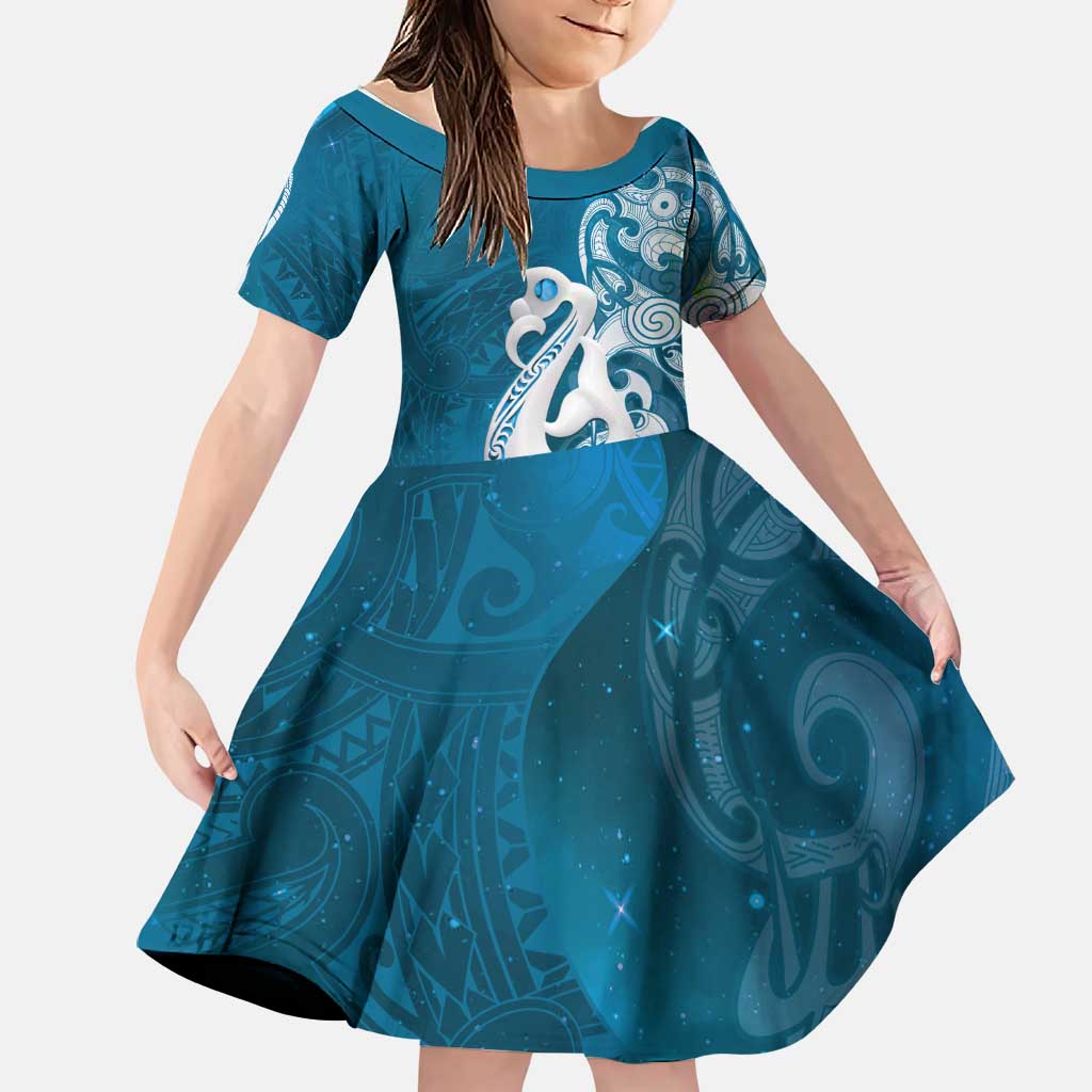 New Zealand Matariki Family Matching Summer Maxi Dress and Hawaiian Shirt Maori Manaia Galaxy Silver Fern Blue Color LT22 Daughter's Dress Blue - Polynesian Pride
