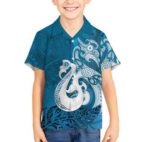 New Zealand Matariki Family Matching Summer Maxi Dress and Hawaiian Shirt Maori Manaia Galaxy Silver Fern Blue Color LT22 Son's Shirt Blue - Polynesian Pride