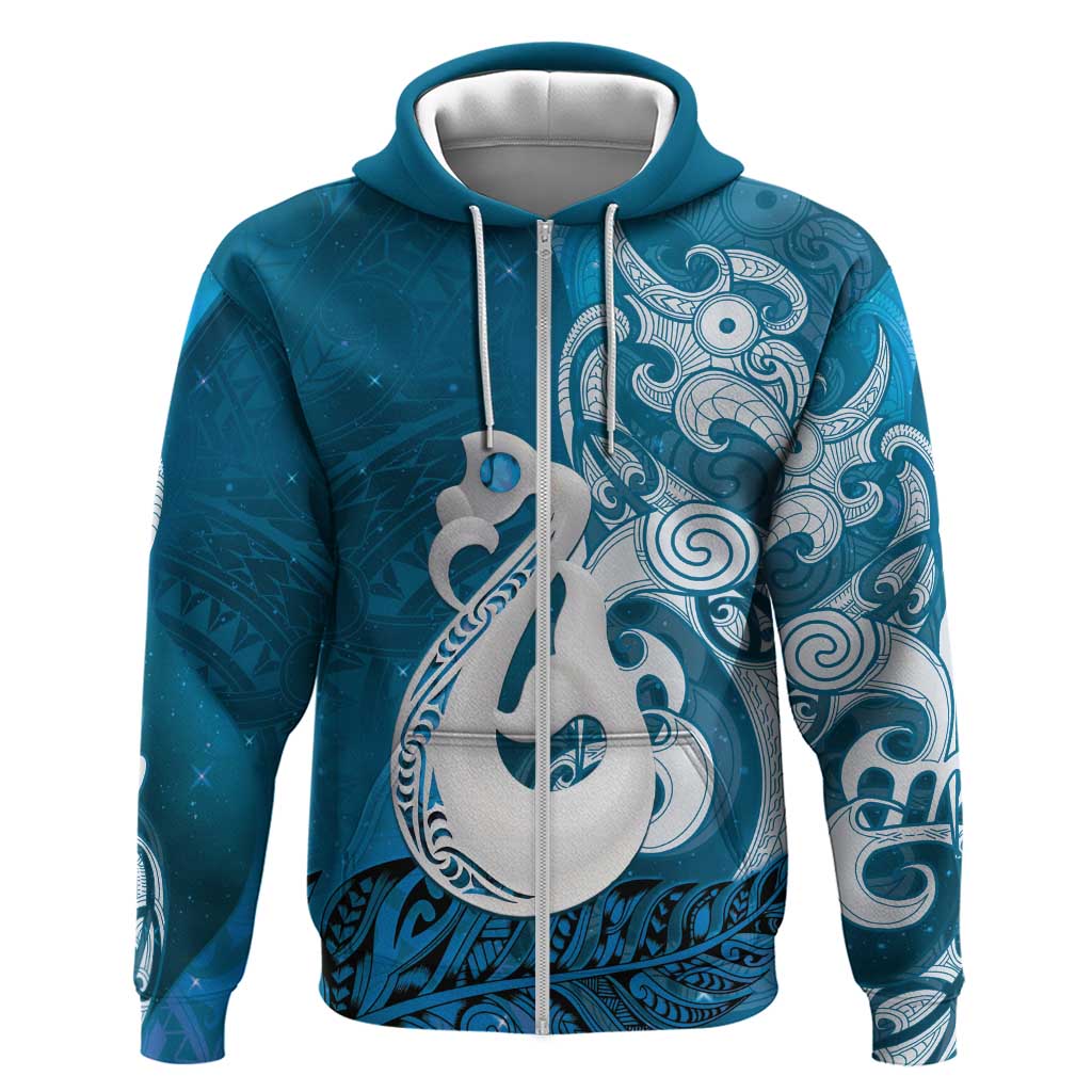 New Zealand Matariki Hoodie Maori Manaia Galaxy Silver Fern Blue Color LT22 Zip Hoodie Blue - Polynesian Pride