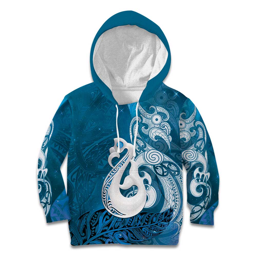 New Zealand Matariki Kid Hoodie Maori Manaia Galaxy Silver Fern Blue Color