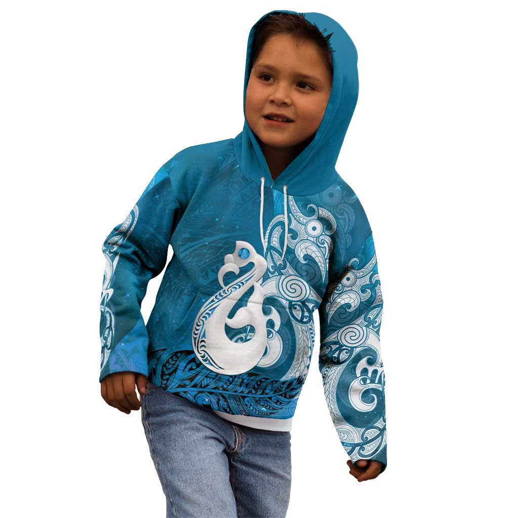 New Zealand Matariki Kid Hoodie Maori Manaia Galaxy Silver Fern Blue Color