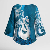 New Zealand Matariki Kimono Sleeve Blouse Maori Manaia Galaxy Silver Fern Blue Color LT22 - Polynesian Pride