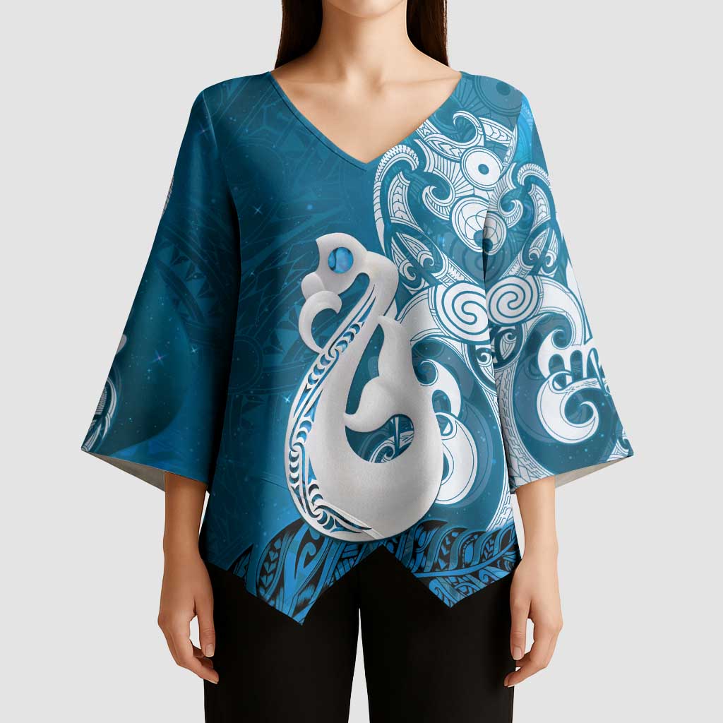 New Zealand Matariki Kimono Sleeve Blouse Maori Manaia Galaxy Silver Fern Blue Color LT22 - Polynesian Pride