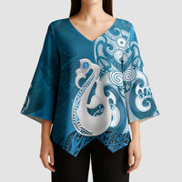 New Zealand Matariki Kimono Sleeve Blouse Maori Manaia Galaxy Silver Fern Blue Color LT22 - Polynesian Pride