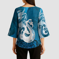 New Zealand Matariki Kimono Sleeve Blouse Maori Manaia Galaxy Silver Fern Blue Color LT22 - Polynesian Pride
