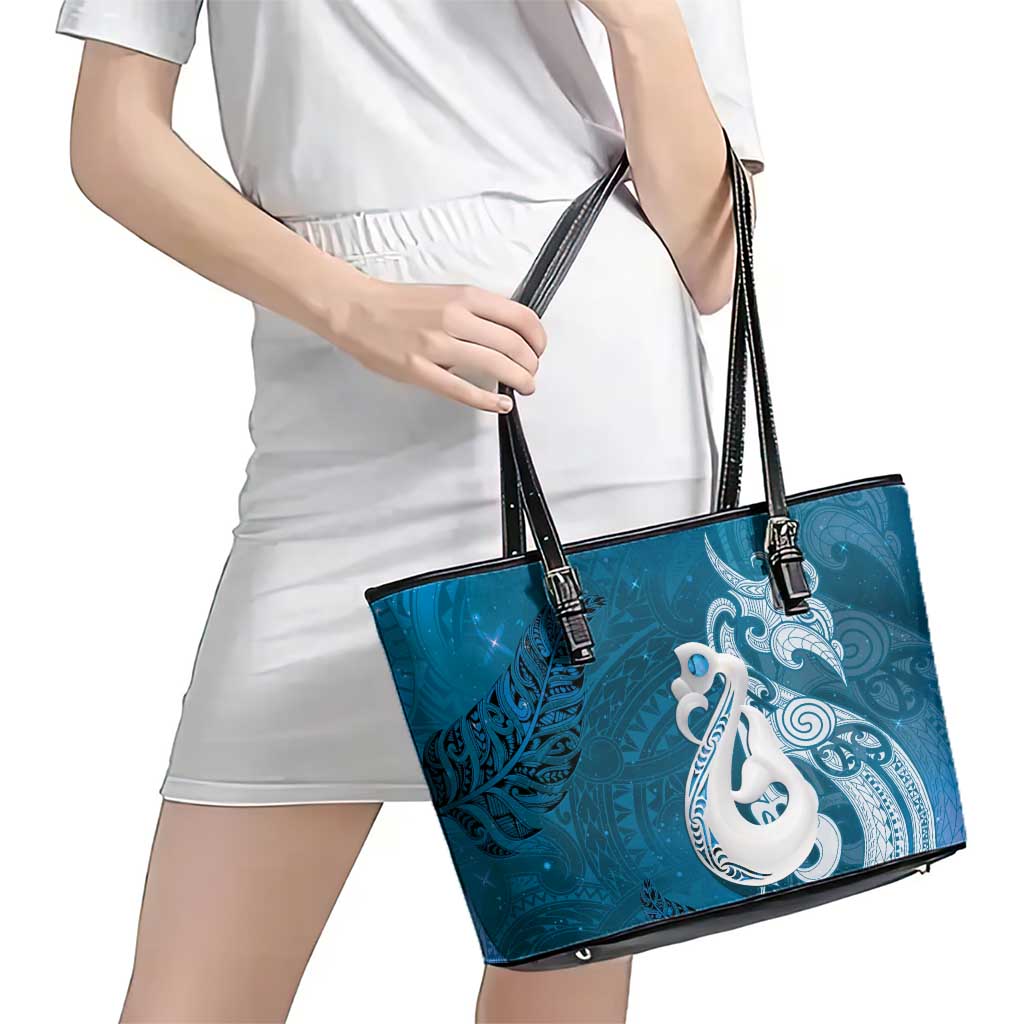 New Zealand Matariki Leather Tote Bag Maori Manaia Galaxy Silver Fern Blue Color LT22 - Polynesian Pride