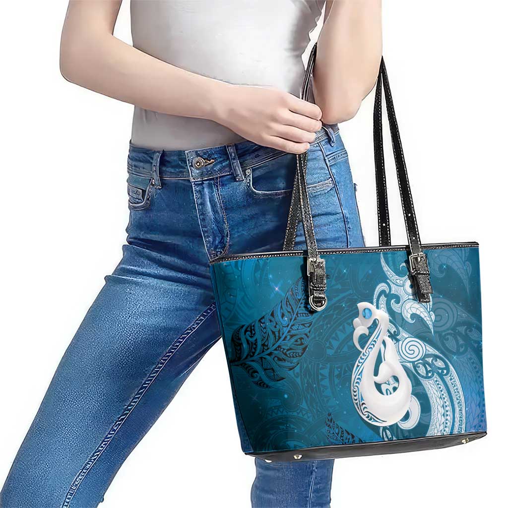 New Zealand Matariki Leather Tote Bag Maori Manaia Galaxy Silver Fern Blue Color LT22 - Polynesian Pride