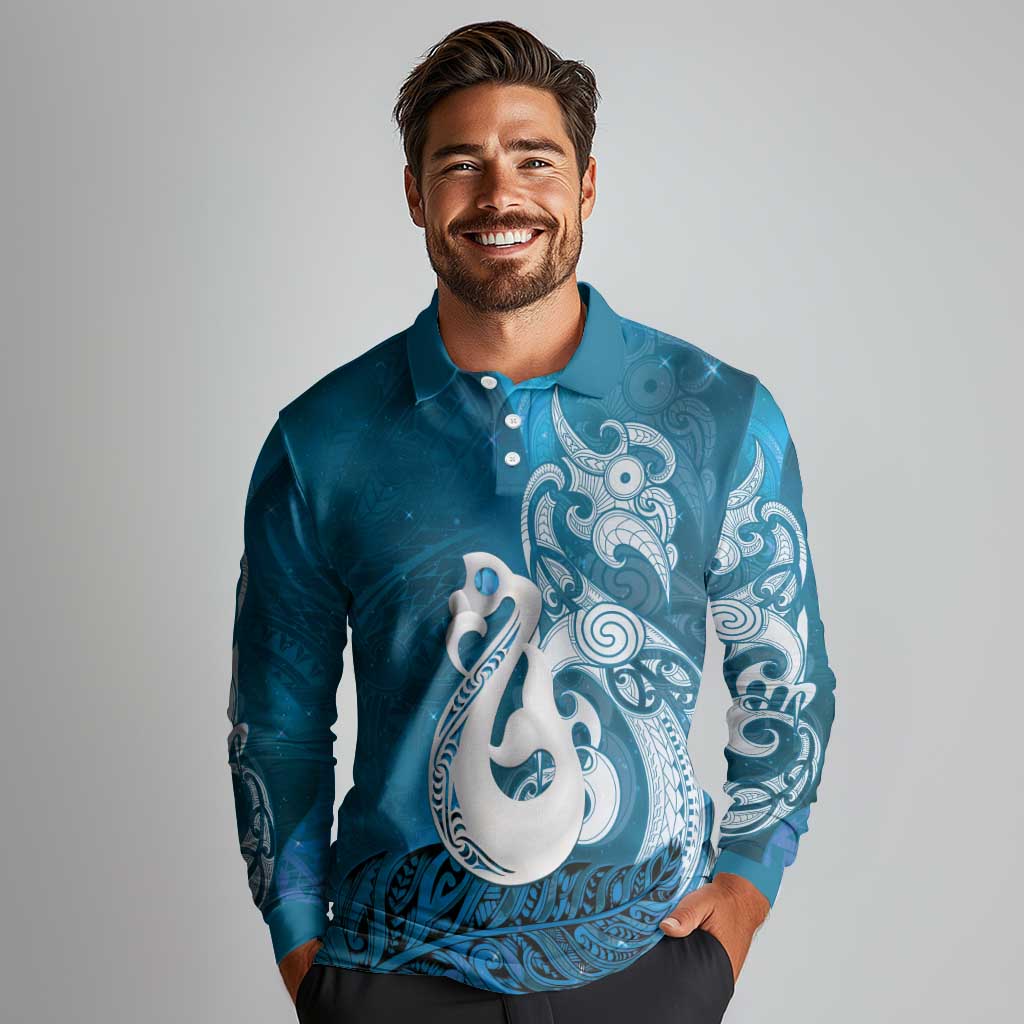 New Zealand Matariki Long Sleeve Polo Shirt Maori Manaia Galaxy Silver Fern Blue Color
