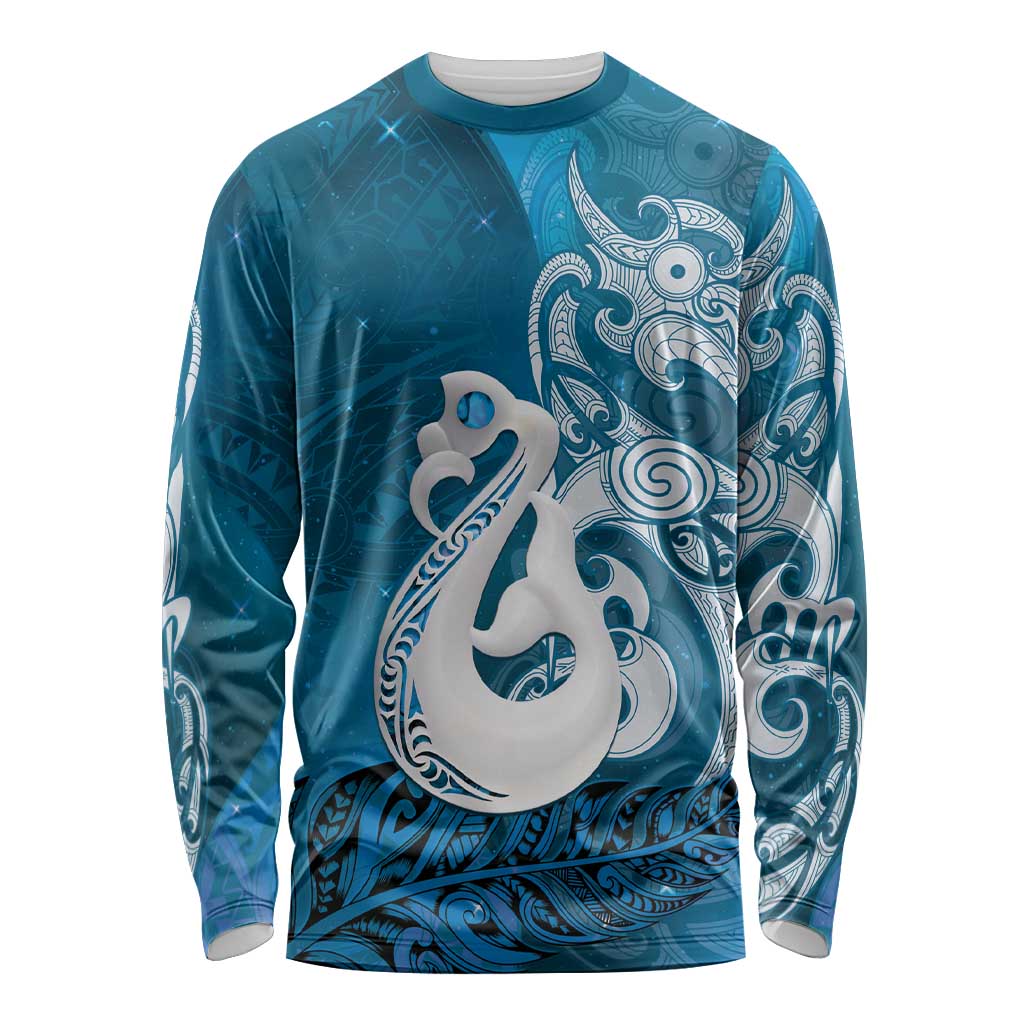 New Zealand Matariki Long Sleeve Shirt Maori Manaia Galaxy Silver Fern Blue Color LT22 Unisex Blue - Polynesian Pride