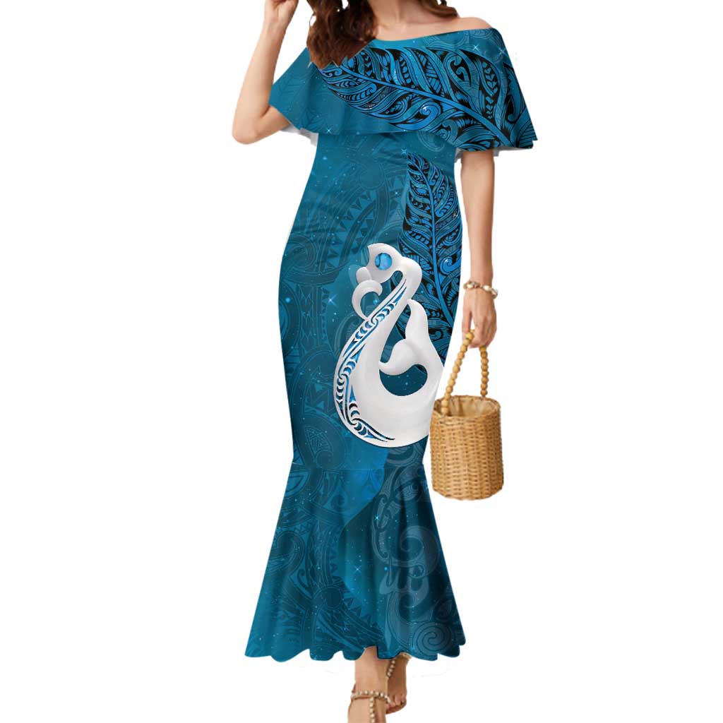 New Zealand Matariki Mermaid Dress Maori Manaia Galaxy Silver Fern Blue Color
