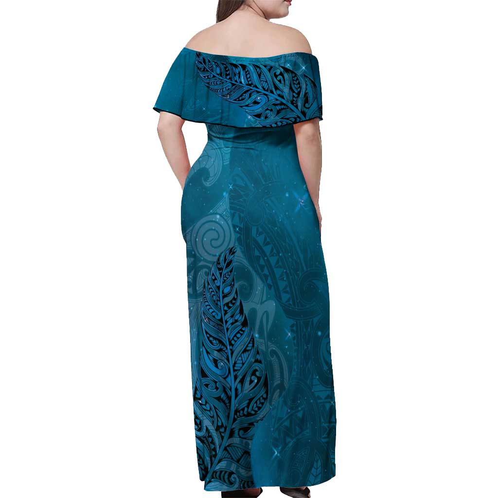 New Zealand Matariki Off Shoulder Maxi Dress Maori Manaia Galaxy Silver Fern Blue Color LT22 - Polynesian Pride