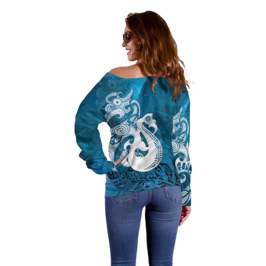 New Zealand Matariki Off Shoulder Sweater Maori Manaia Galaxy Silver Fern Blue Color LT22 - Polynesian Pride