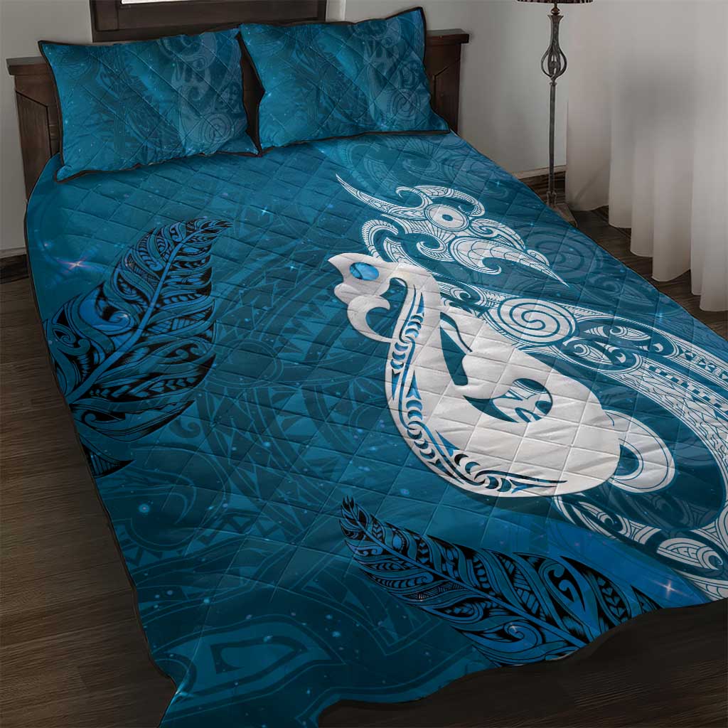 New Zealand Matariki Quilt Bed Set Maori Manaia Galaxy Silver Fern Blue Color