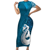 New Zealand Matariki Short Sleeve Bodycon Dress Maori Manaia Galaxy Silver Fern Blue Color