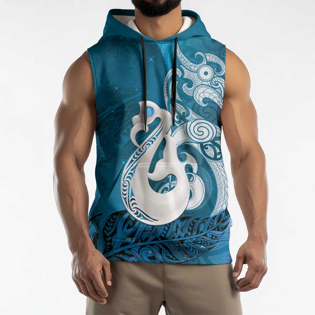 New Zealand Matariki Sleeveless Hoodie Maori Manaia Galaxy Silver Fern Blue Color
