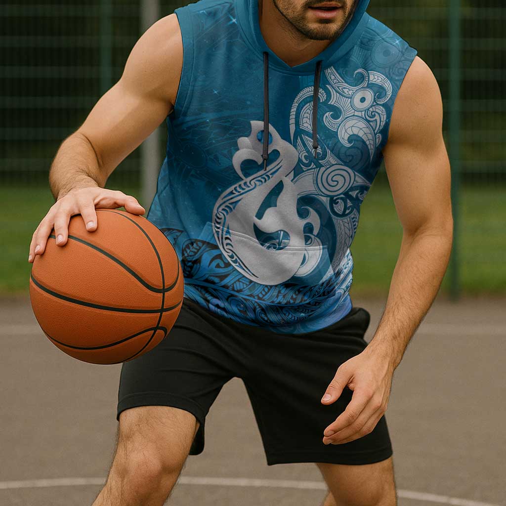 New Zealand Matariki Sleeveless Hoodie Maori Manaia Galaxy Silver Fern Blue Color
