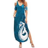New Zealand Matariki Summer Maxi Dress Maori Manaia Galaxy Silver Fern Blue Color LT22 Women Blue - Polynesian Pride