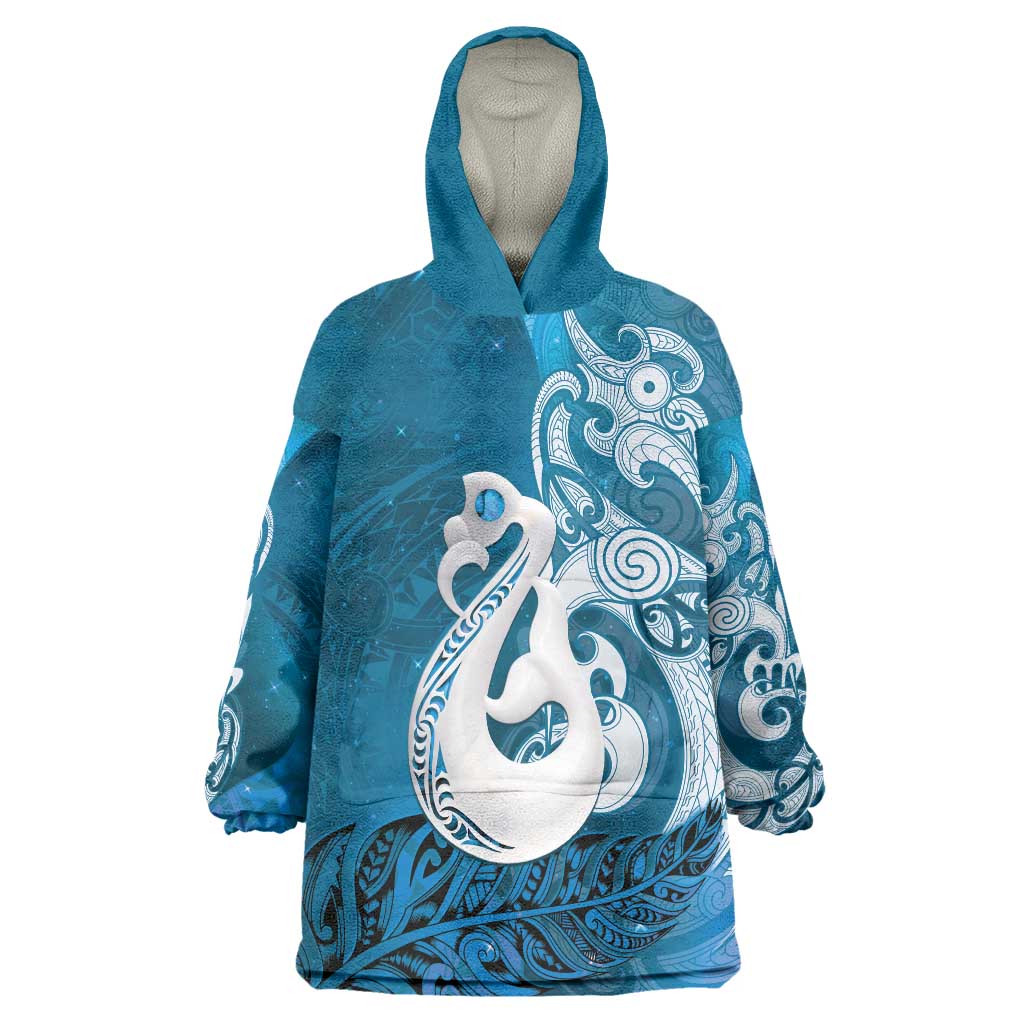 New Zealand Matariki Wearable Blanket Hoodie Maori Manaia Galaxy Silver Fern Blue Color