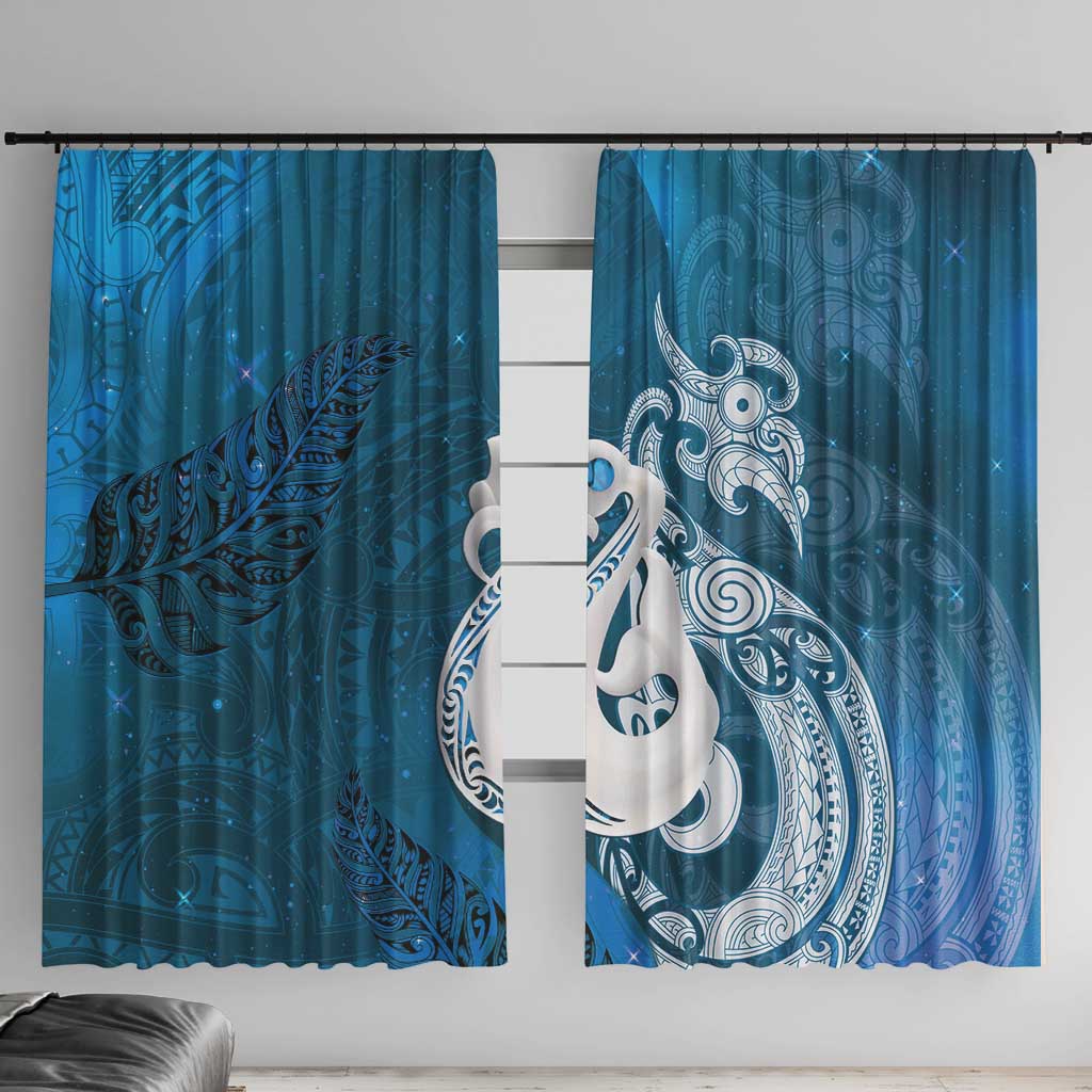 New Zealand Matariki Window Curtain Maori Manaia Galaxy Silver Fern Blue Color LT22 With Hooks Blue - Polynesian Pride