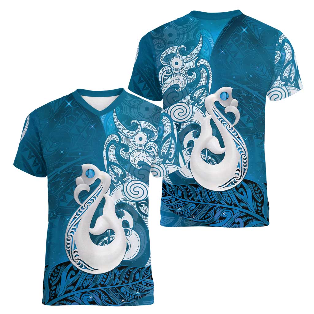 New Zealand Matariki Women V-Neck T-Shirt Maori Manaia Galaxy Silver Fern Blue Color LT22 - Polynesian Pride