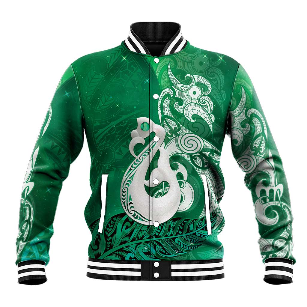 New Zealand Matariki Baseball Jacket Maori Manaia Galaxy Silver Fern Green Color LT22 Unisex Green - Polynesian Pride