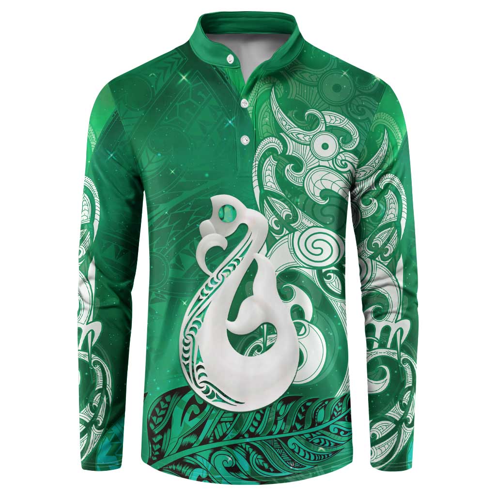 New Zealand Matariki Button Sweatshirt Maori Manaia Galaxy Silver Fern Green Color