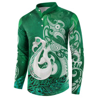 New Zealand Matariki Button Sweatshirt Maori Manaia Galaxy Silver Fern Green Color
