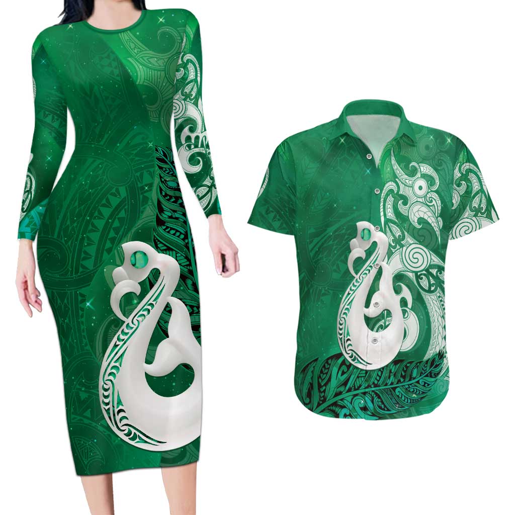 New Zealand Matariki Couples Matching Long Sleeve Bodycon Dress and Hawaiian Shirt Maori Manaia Galaxy Silver Fern Green Color LT22 Green - Polynesian Pride