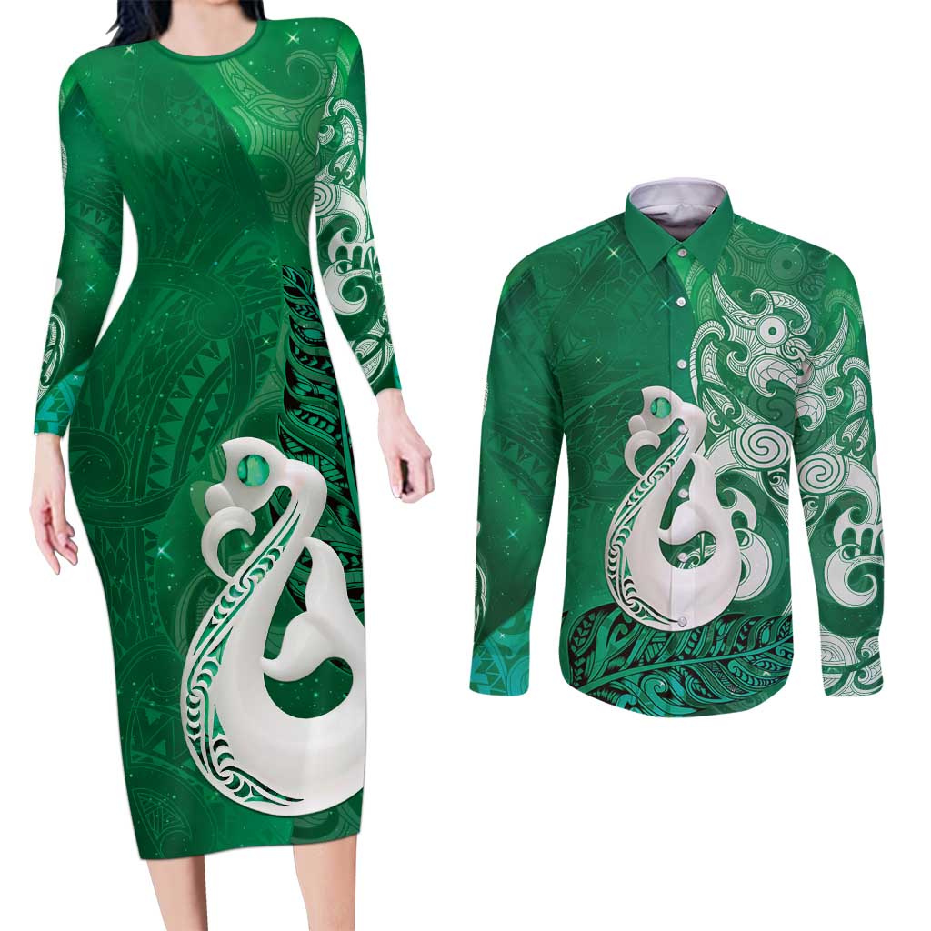 New Zealand Matariki Couples Matching Long Sleeve Bodycon Dress and Long Sleeve Button Shirt Maori Manaia Galaxy Silver Fern Green Color