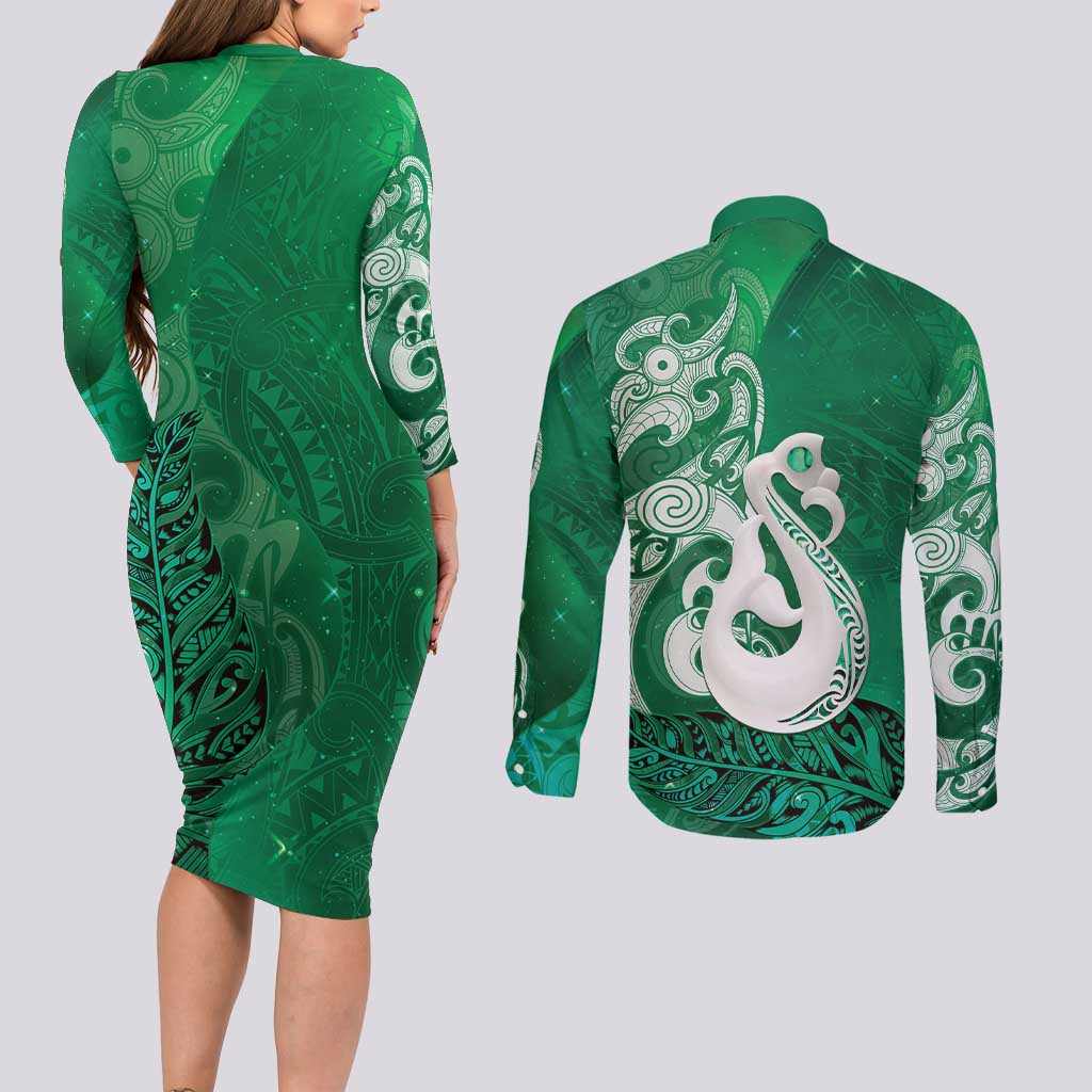New Zealand Matariki Couples Matching Long Sleeve Bodycon Dress and Long Sleeve Button Shirt Maori Manaia Galaxy Silver Fern Green Color LT22 - Polynesian Pride